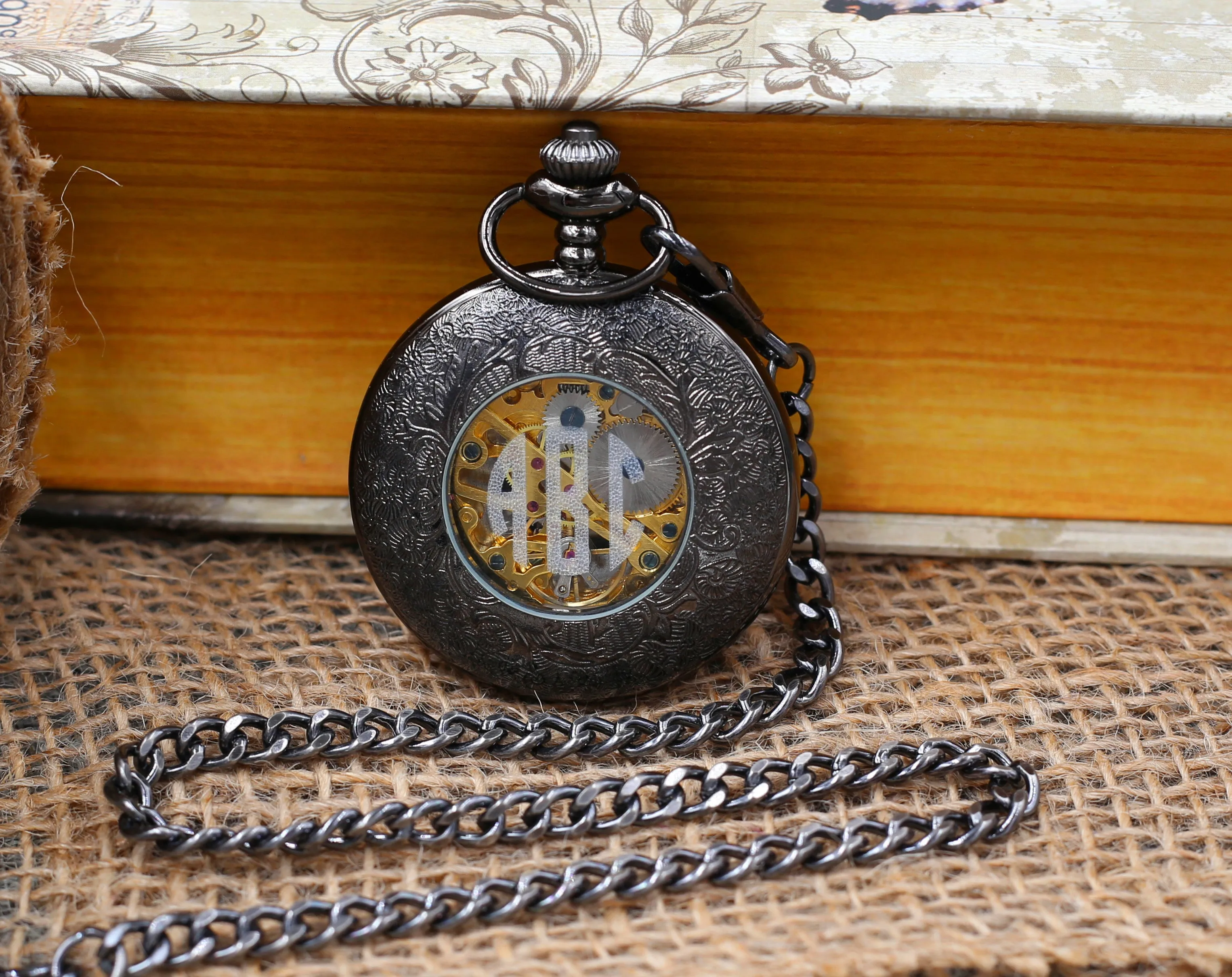 Groomsmen Gift Personalized Pocket Watch Black Windup Mechanical Pocket Watch with Chain- Groomsmen gifts VM024