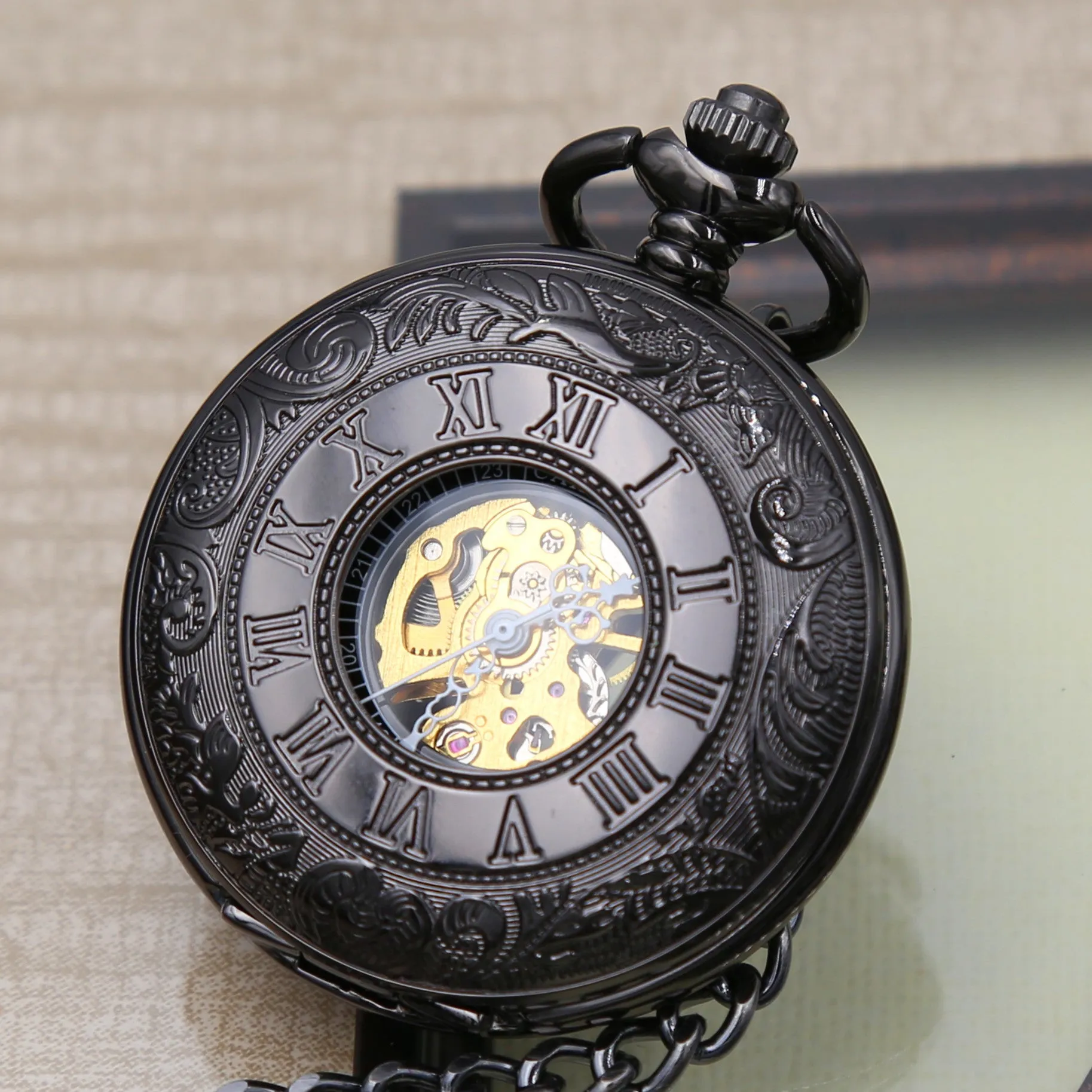 Groomsmen Gift Personalized Pocket Watch Black Windup Mechanical Pocket Watch with Chain- Groomsmen gifts VM024