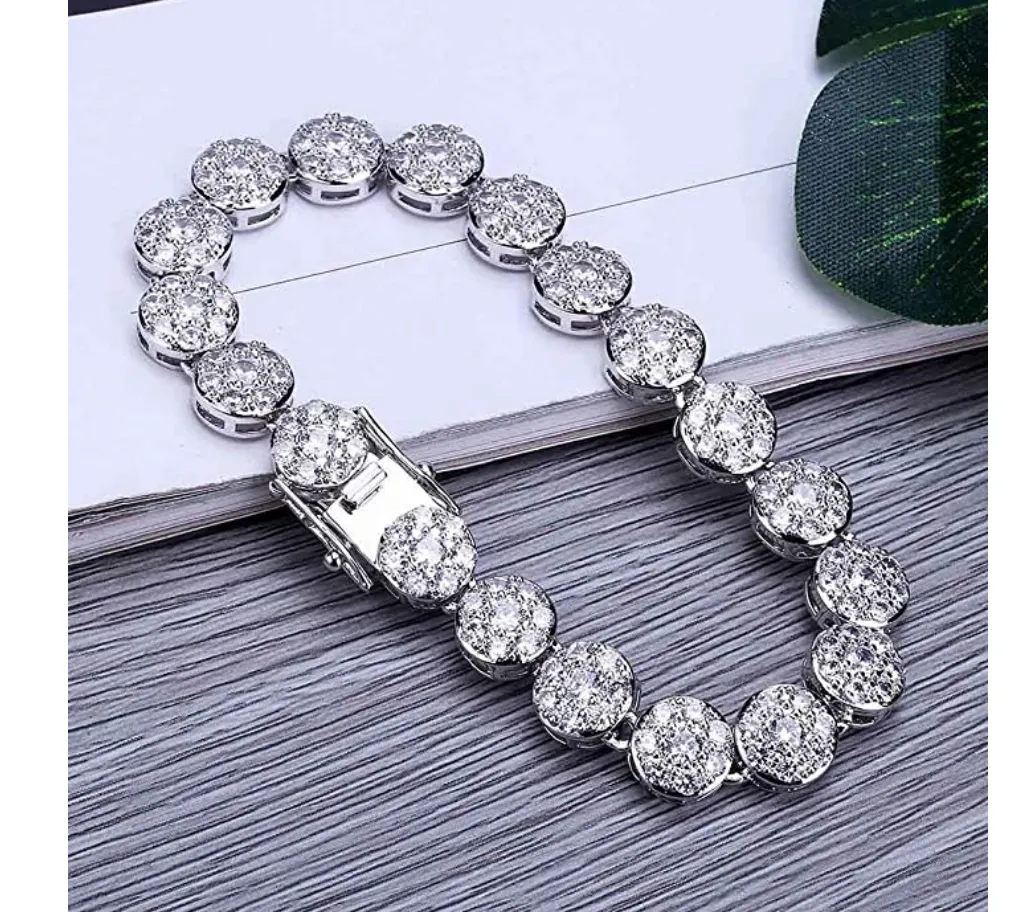 Halo Cluster Circle Bracelet Solitaire Round Simulated Diamond Hip Hop Jewelry Iced Out Silver Bling