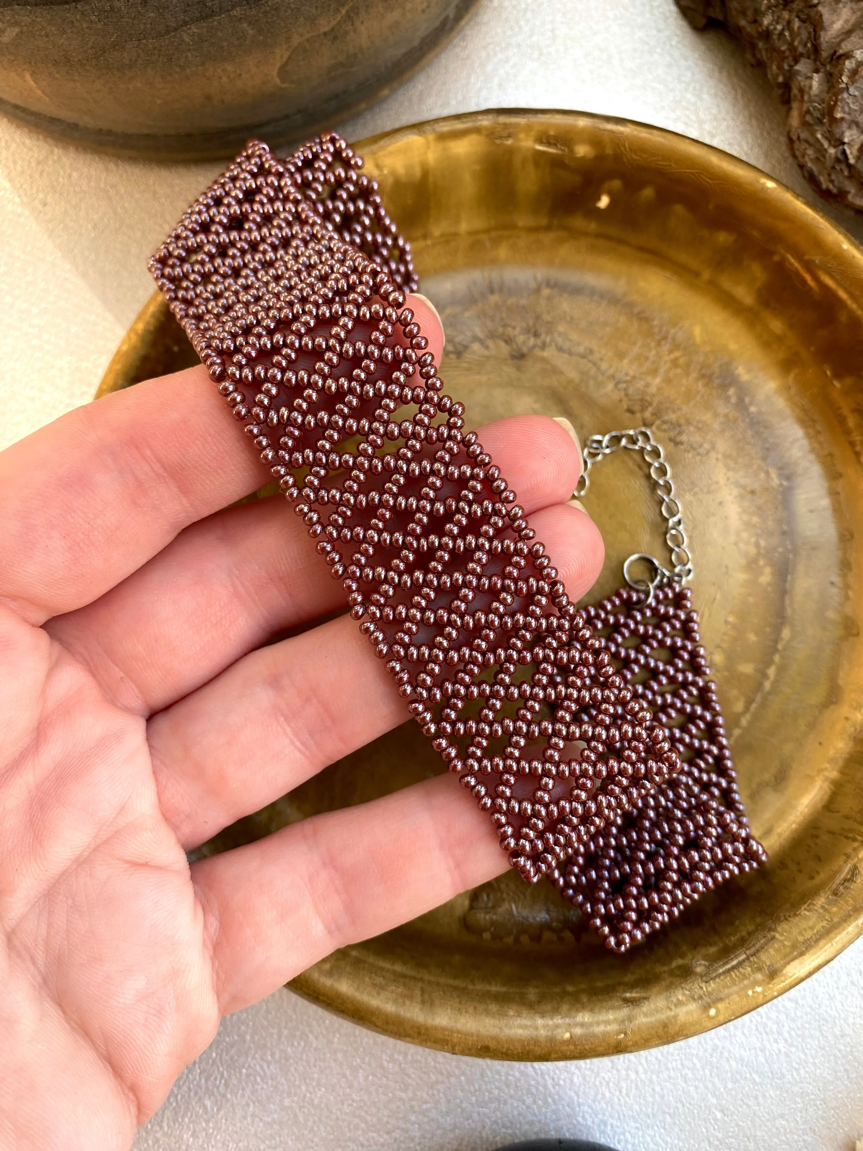 Handmade Wide Copper Seed Bead Choker Necklace Women Boho Hippie style, Thick Brown Metallic Choker Collar, Cute Lace choker, Sexy choker