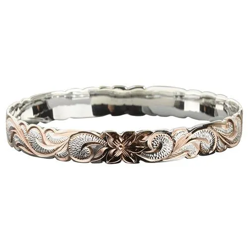 Hawaiian Sterling Silver Bangle Queen Scroll Engraving Cut Out Edge Pink Gold Two Tone