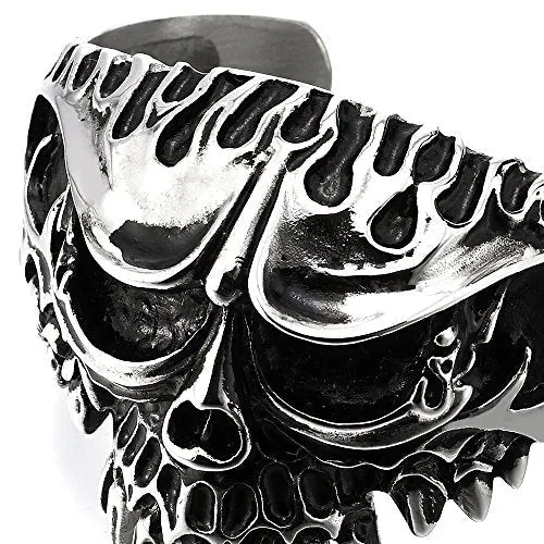 Heavy and Study Mens Stainless Steel Biker Flame Skull Cuff Bangle Bracelet Silver Black Two-Tone