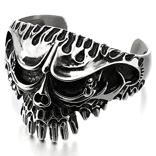 Heavy and Study Mens Stainless Steel Biker Flame Skull Cuff Bangle Bracelet Silver Black Two-Tone
