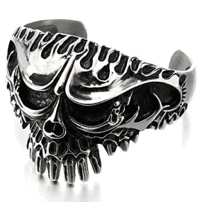 Heavy and Study Mens Stainless Steel Biker Flame Skull Cuff Bangle Bracelet Silver Black Two-Tone