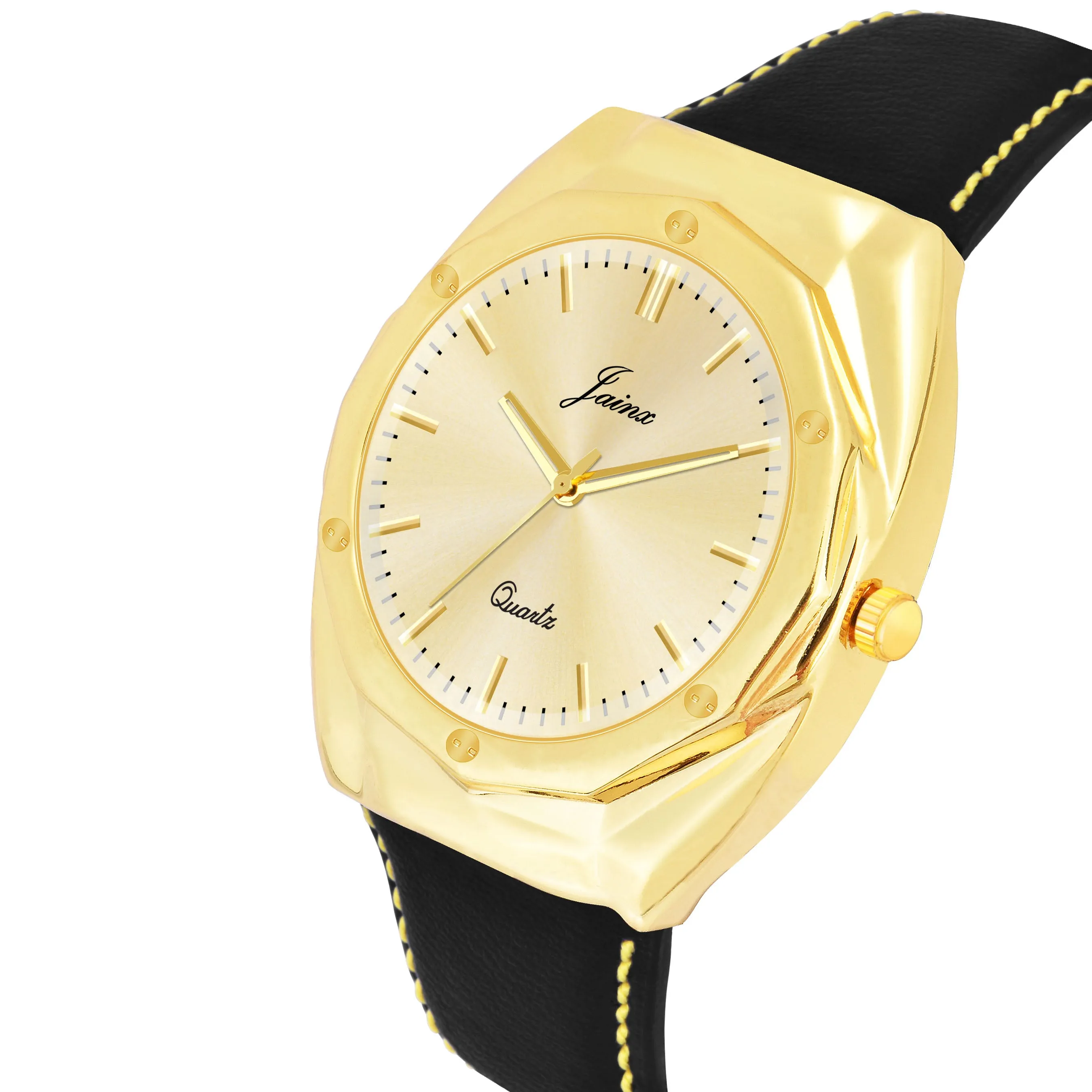 Jainx Golden Dial Black Leather Strap Watch For Men - JM7165