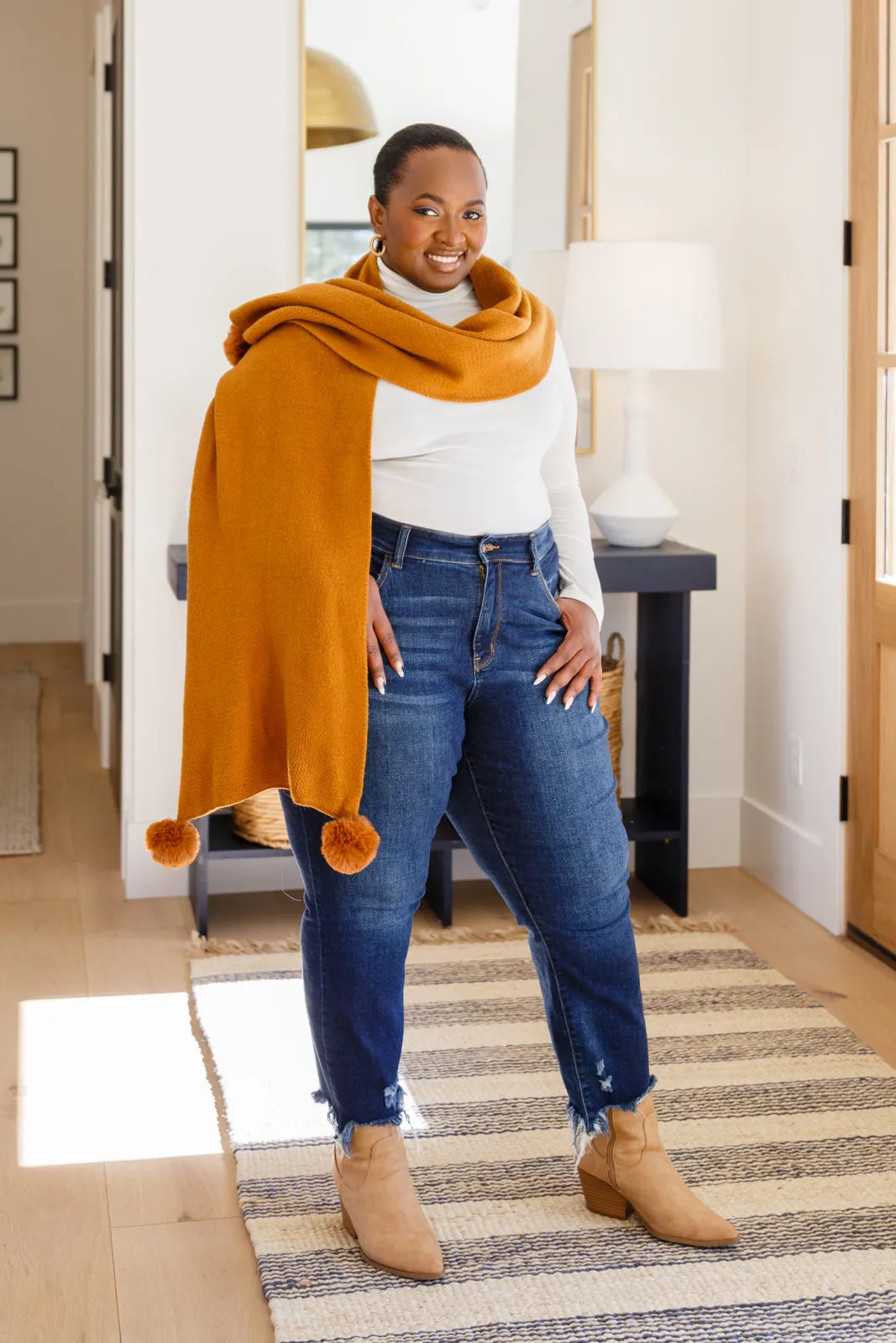 Knitted Fuzzy Pom Pom Scarf In Ginger (Online Exclusive)