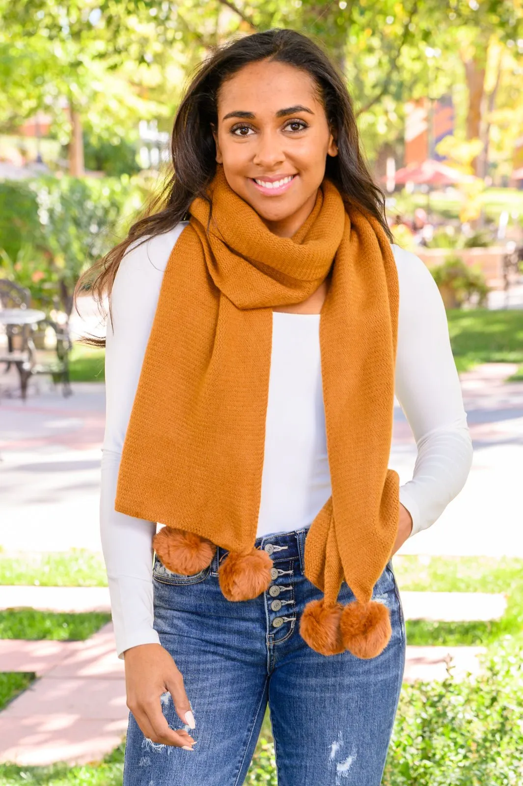 Knitted Fuzzy Pom Pom Scarf In Ginger (Online Exclusive)