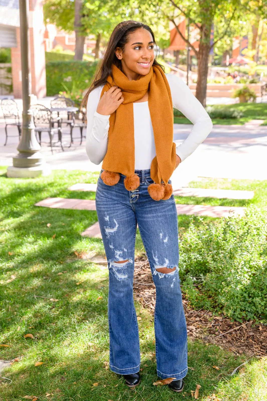 Knitted Fuzzy Pom Pom Scarf In Ginger (Online Exclusive)