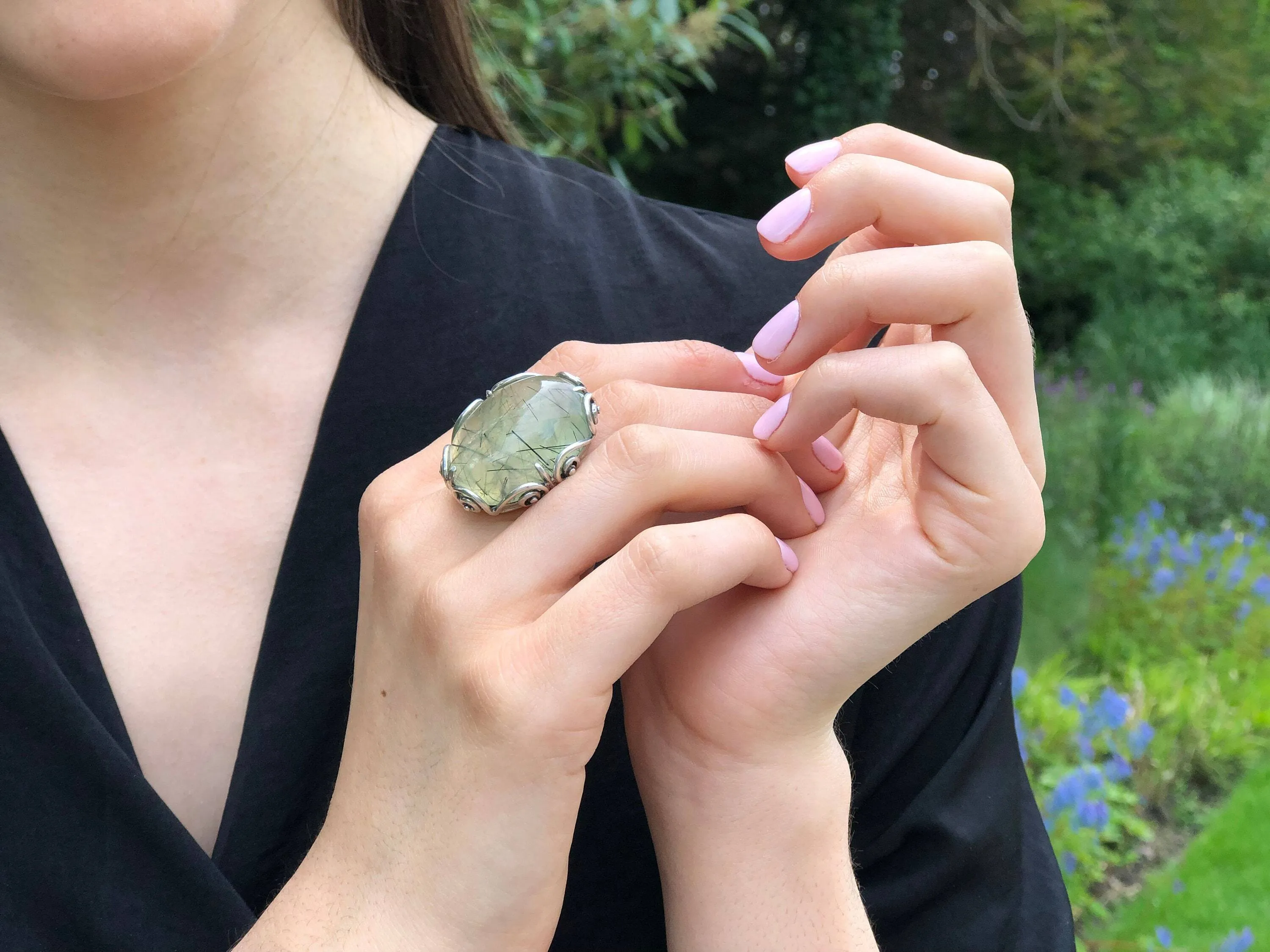 Large Prehnite Ring - Chunky Boho Ring - Vintage Cocktail Ring