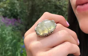 Large Prehnite Ring - Chunky Boho Ring - Vintage Cocktail Ring