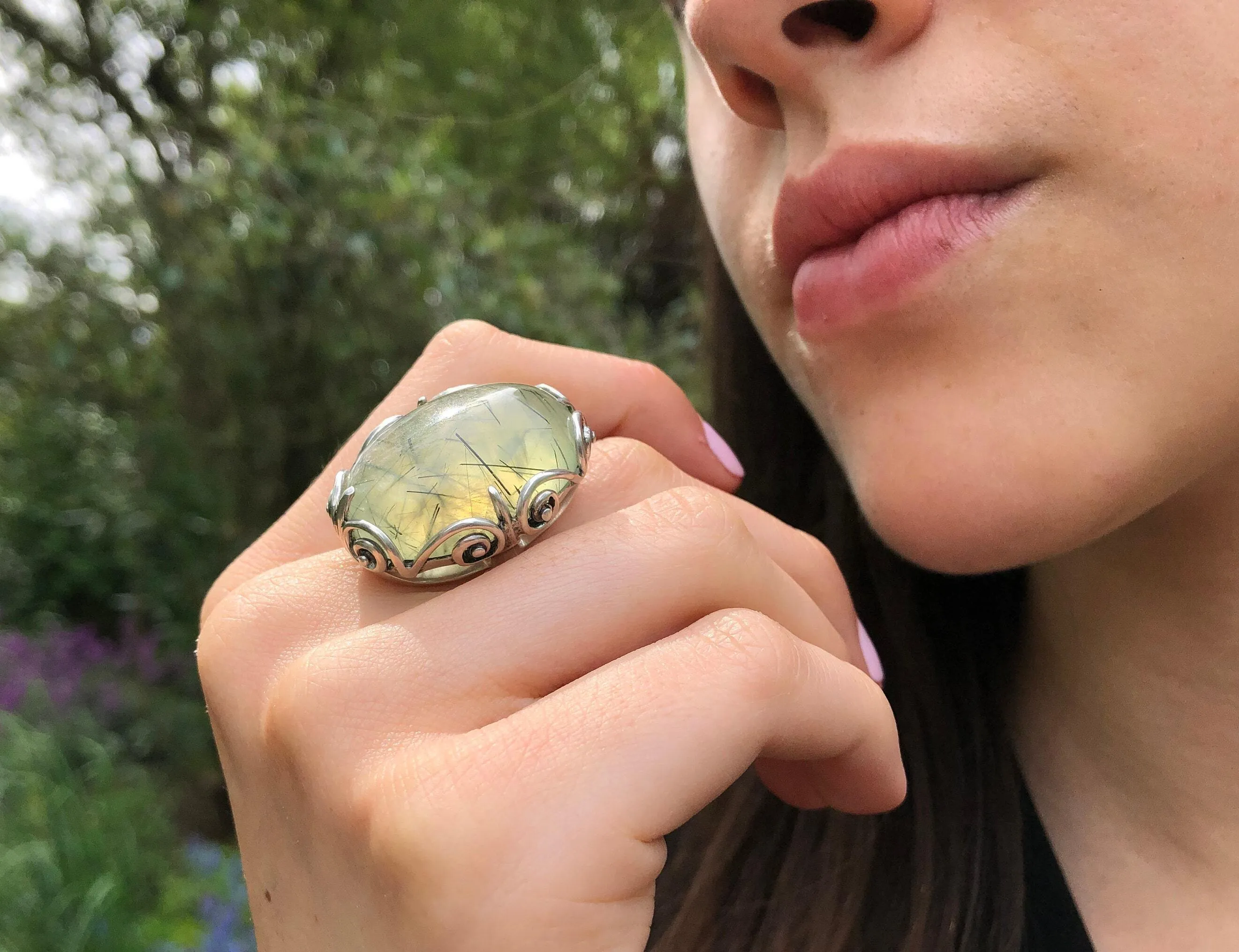 Large Prehnite Ring - Chunky Boho Ring - Vintage Cocktail Ring