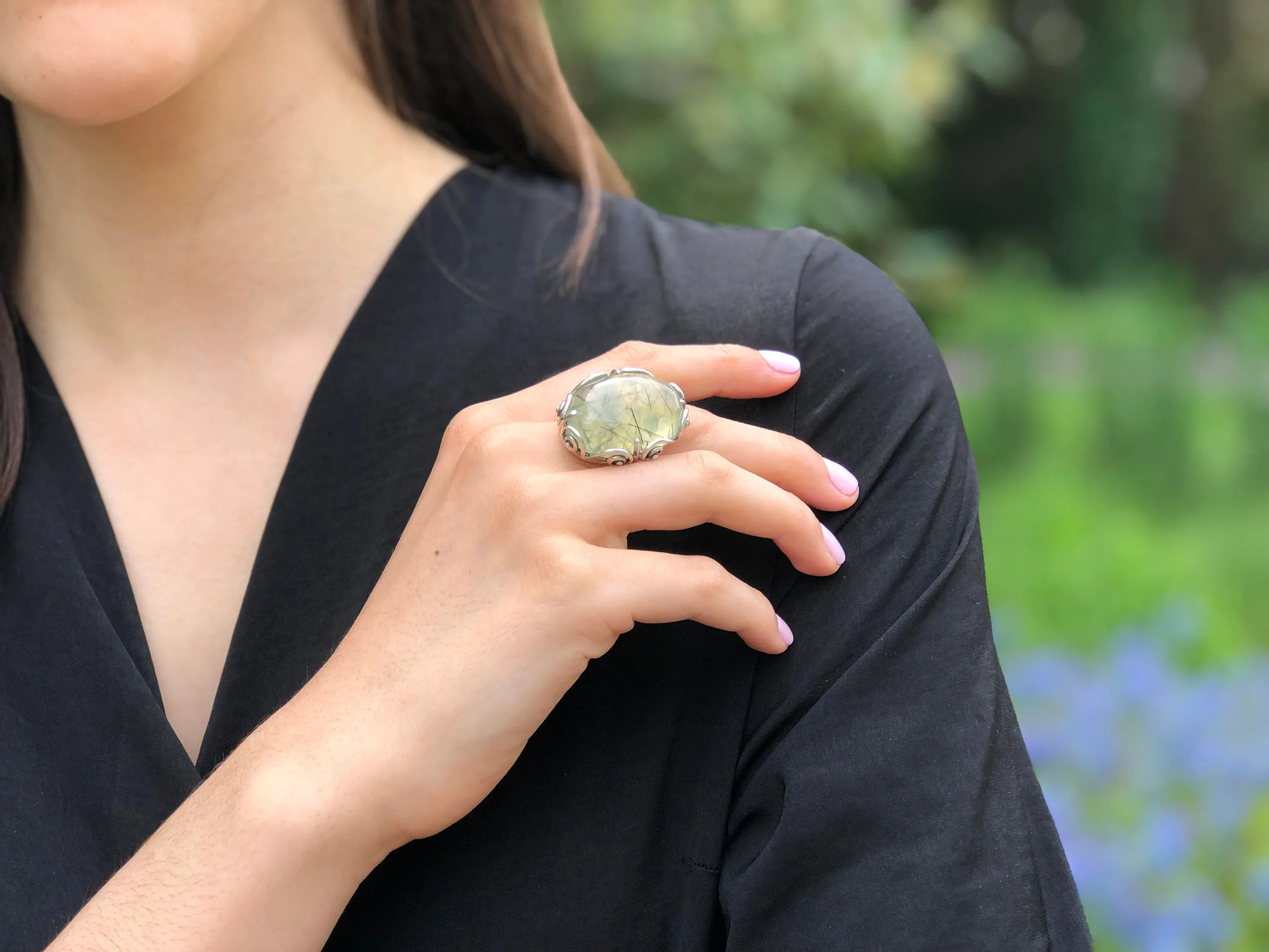 Large Prehnite Ring - Chunky Boho Ring - Vintage Cocktail Ring