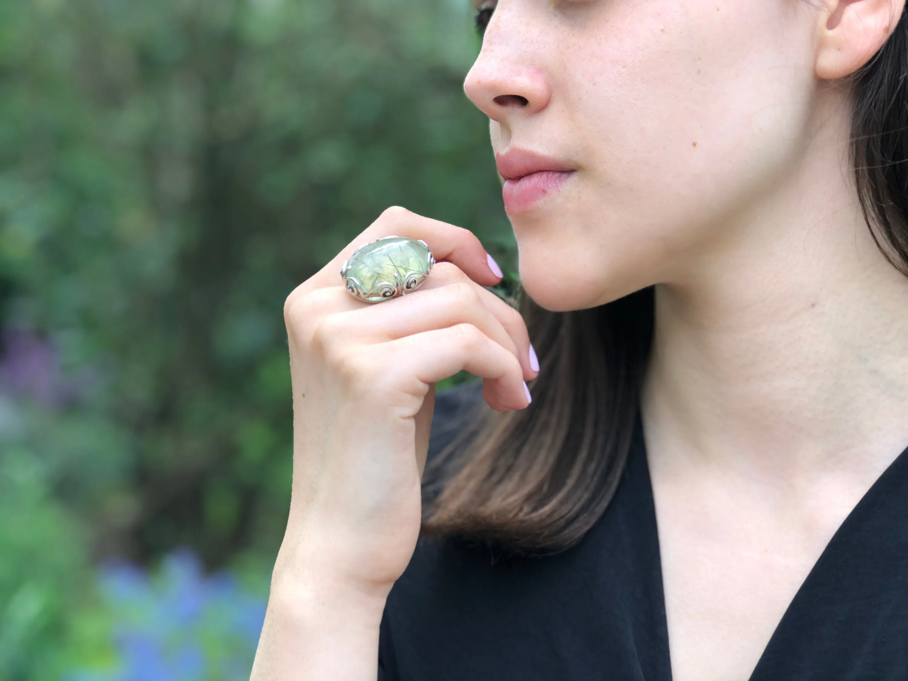 Large Prehnite Ring - Chunky Boho Ring - Vintage Cocktail Ring