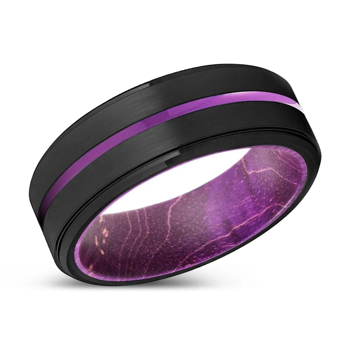 LISMORE | Purple Wood, Black Tungsten Ring, Purple Groove, Stepped Edge