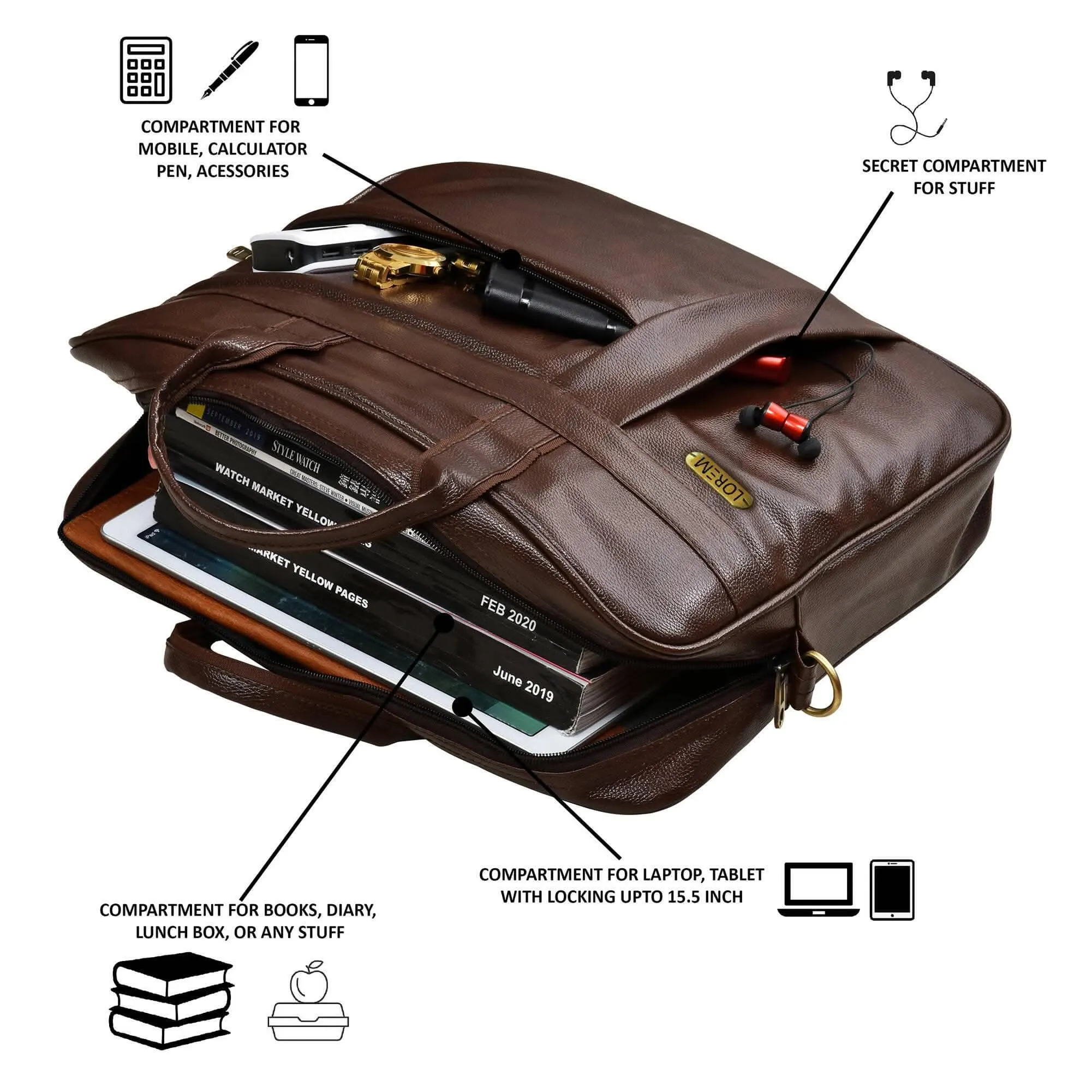 LOREM Chocolate Color Faux Leather 10L Messenger Bag For Men & Women (BG05)