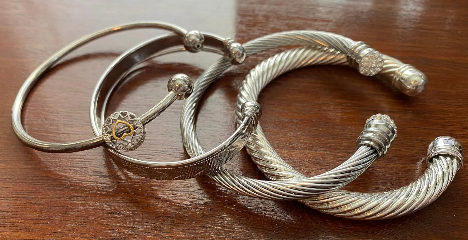 Lot of Silver Tone Cuff Bracelets Twisted Cable Heart Chevron Rhinestone