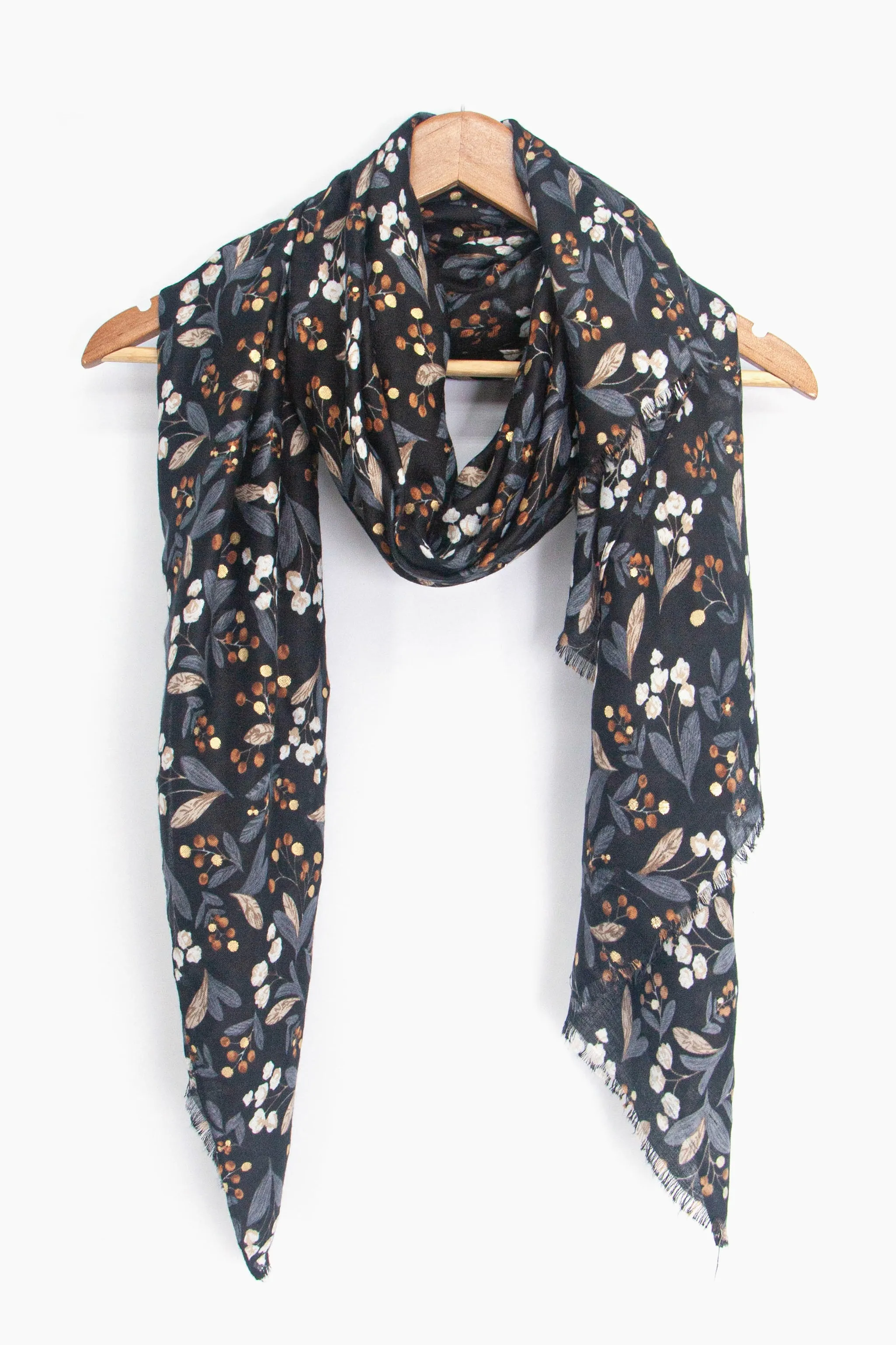 Marie Lightweight Scarf - Black, Floral Foil