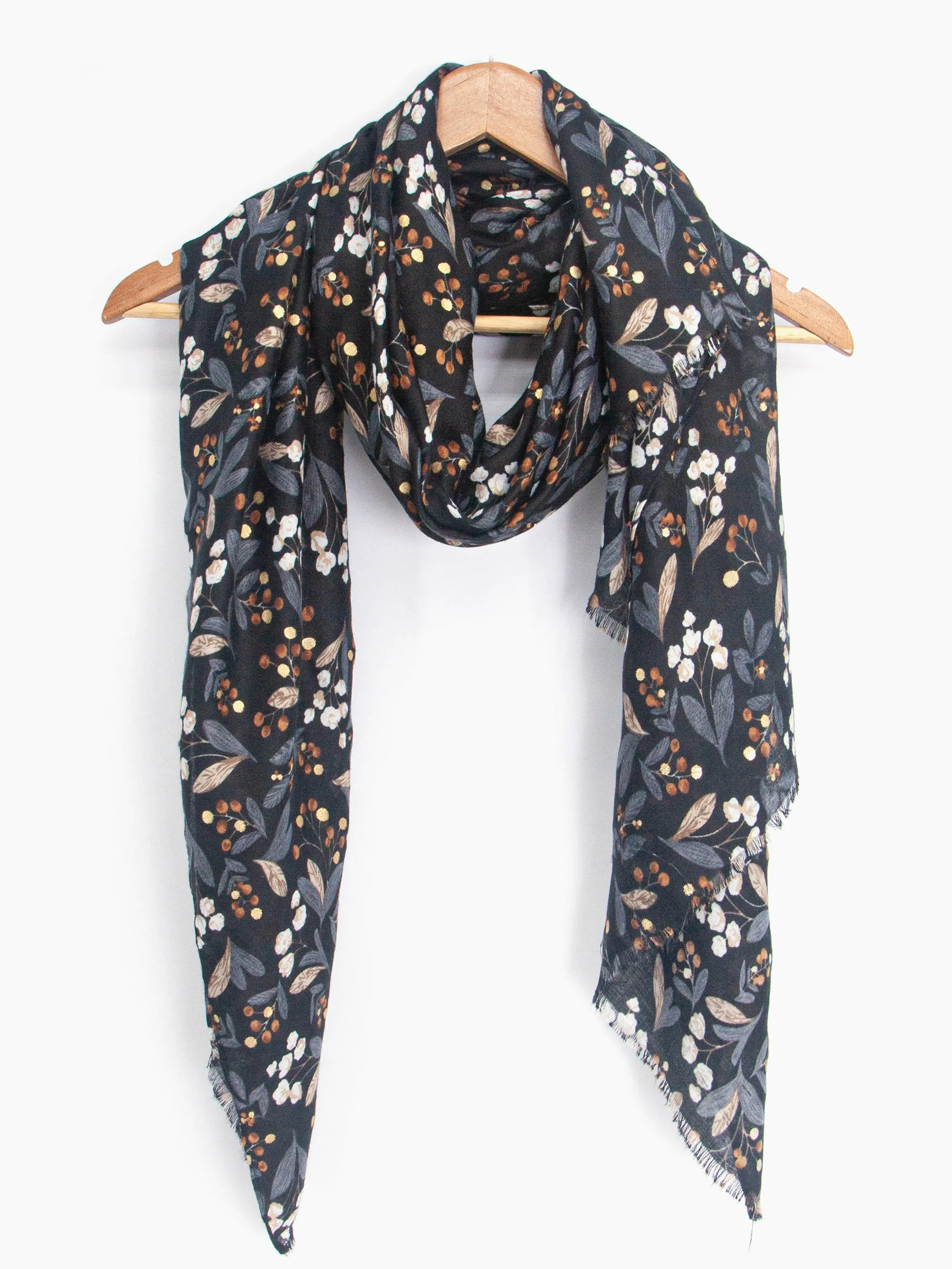 Marie Lightweight Scarf - Black, Floral Foil