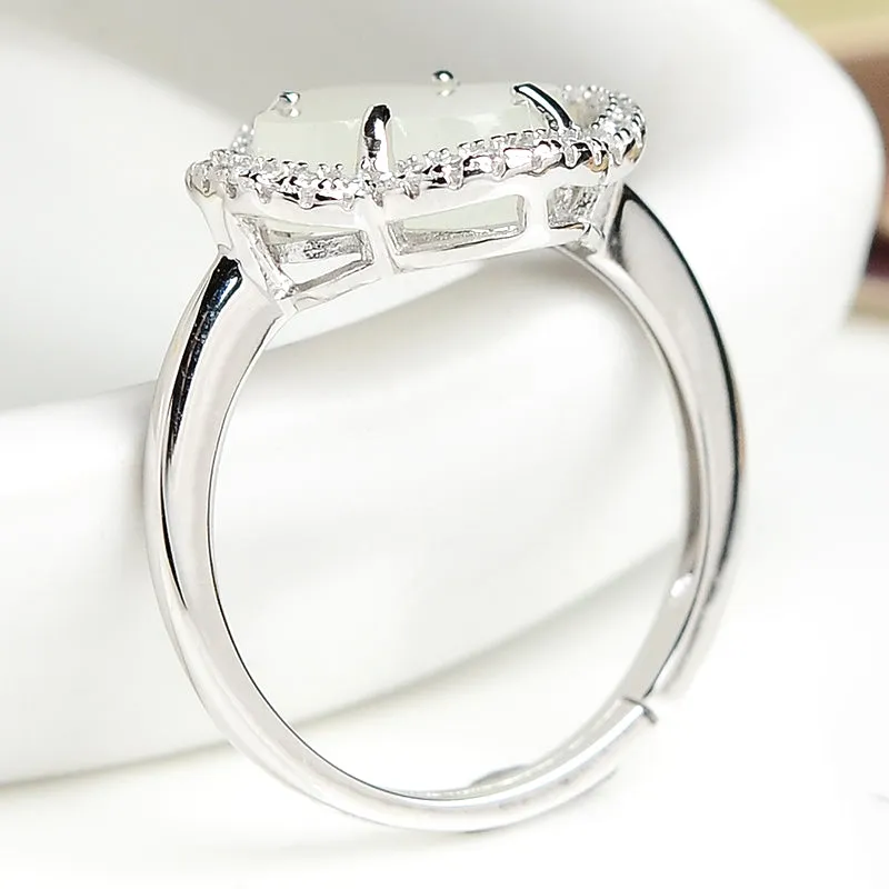 Natural Jade Ring Nephrite Silver Adjustable Ring WR27