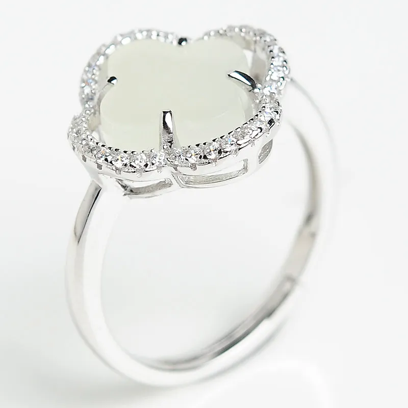 Natural Jade Ring Nephrite Silver Adjustable Ring WR27