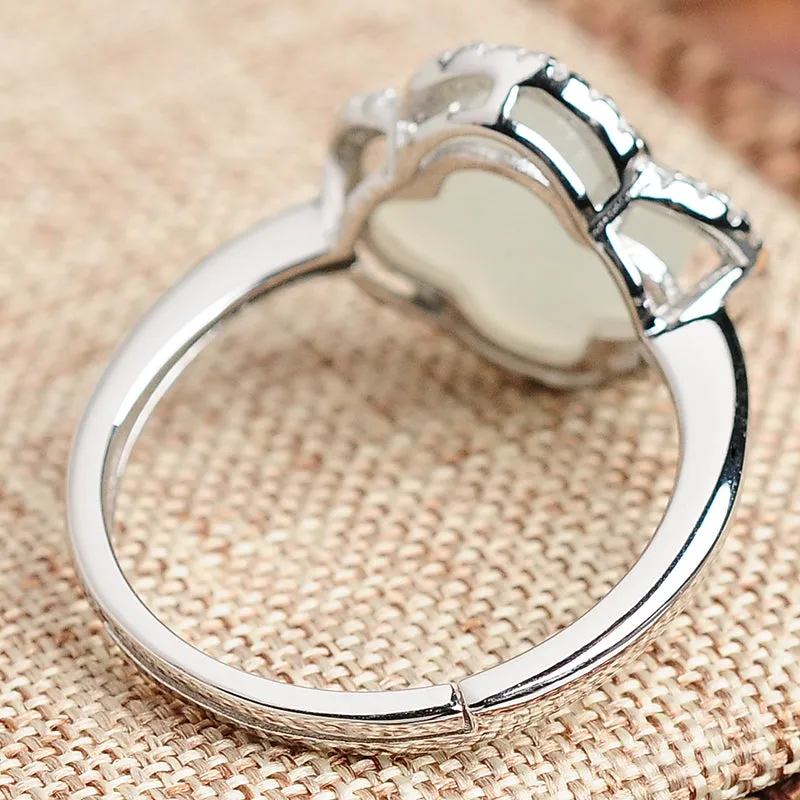 Natural Jade Ring Nephrite Silver Adjustable Ring WR27