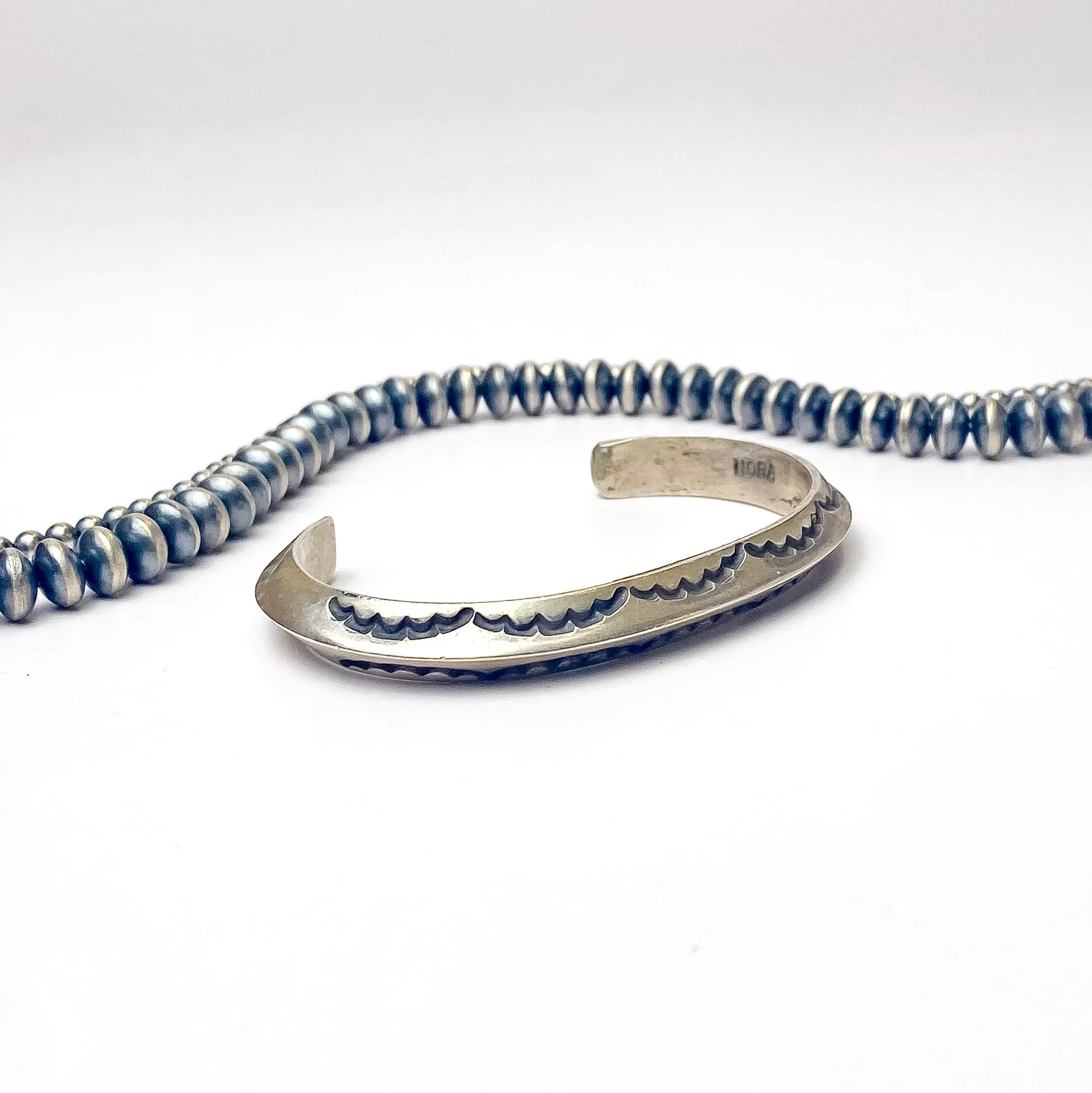 Nora Tahe | Navajo Handmade Sterling Silver Tooled Detailed Cuff Bracelet