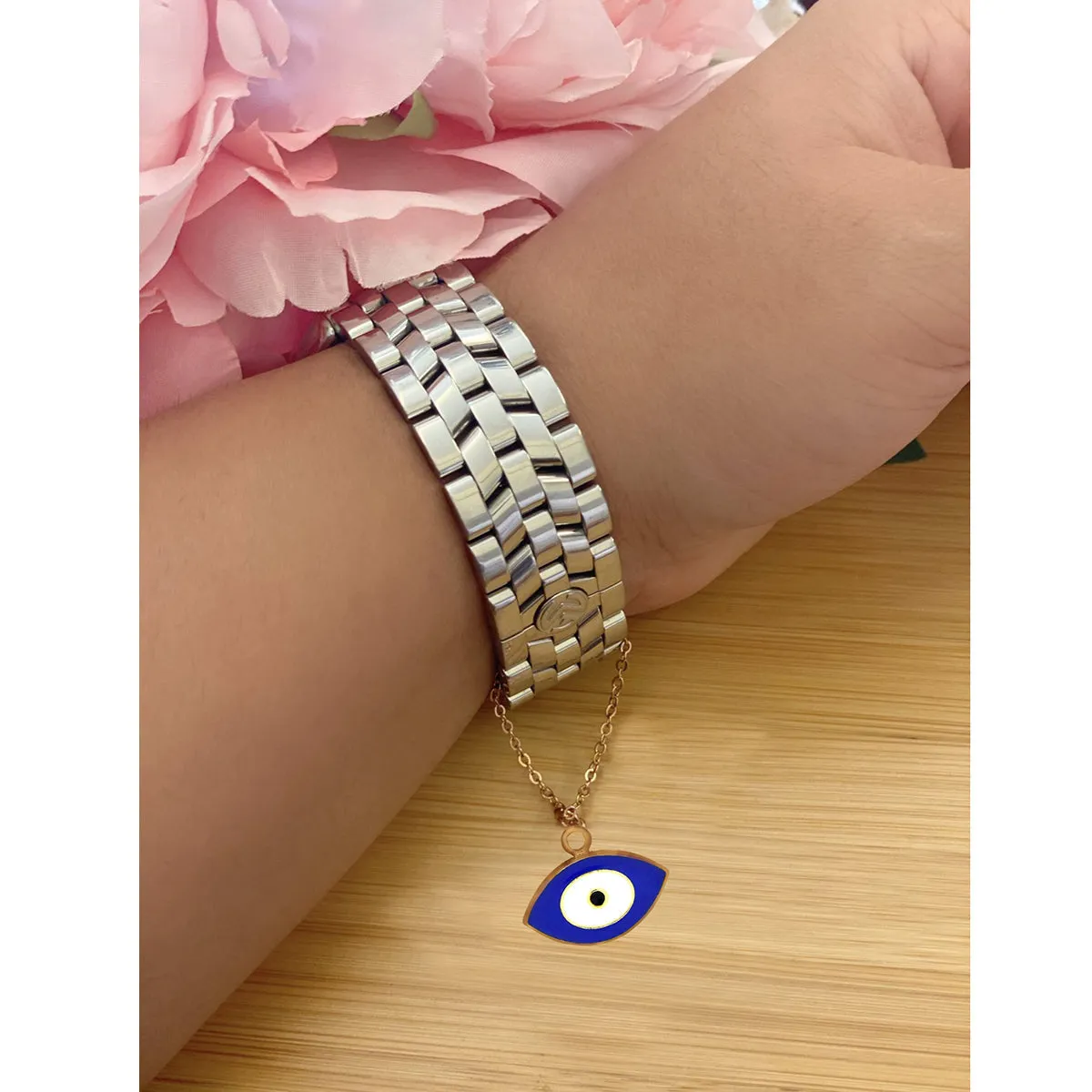 Oval Blue Turkish Evil Eye Nazariya Slim Link Chain Watch Charm For Women
