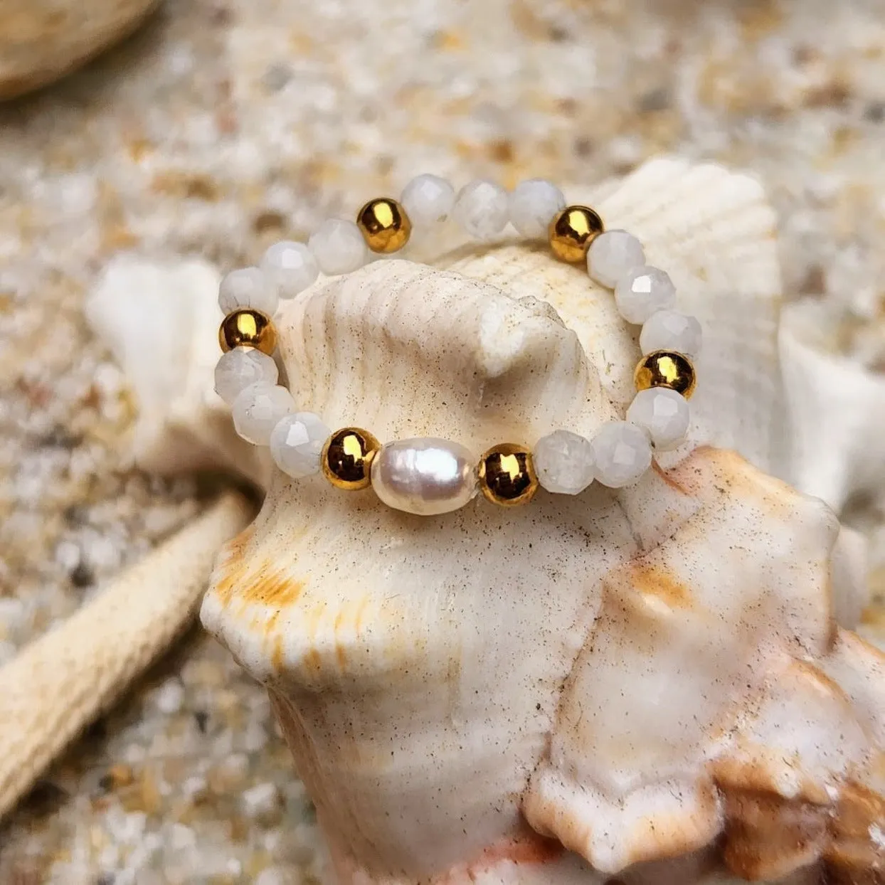 PEARL & MOONSTONE ADJUSTABLE WATERPROOF GOLD RING