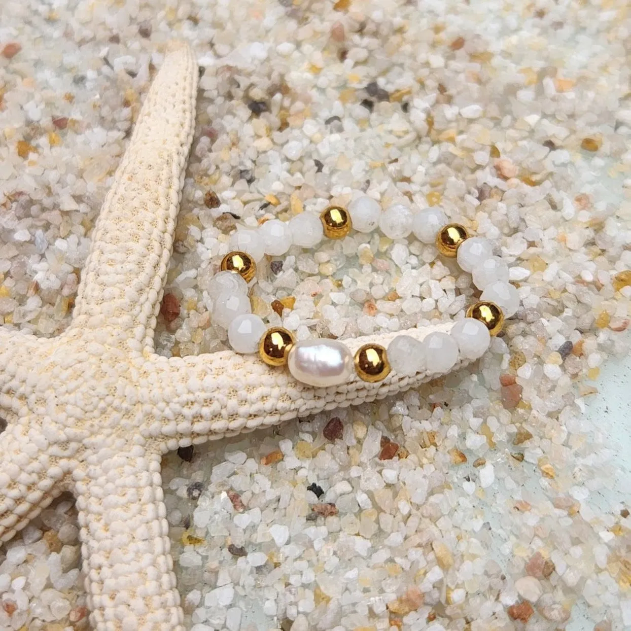 PEARL & MOONSTONE ADJUSTABLE WATERPROOF GOLD RING