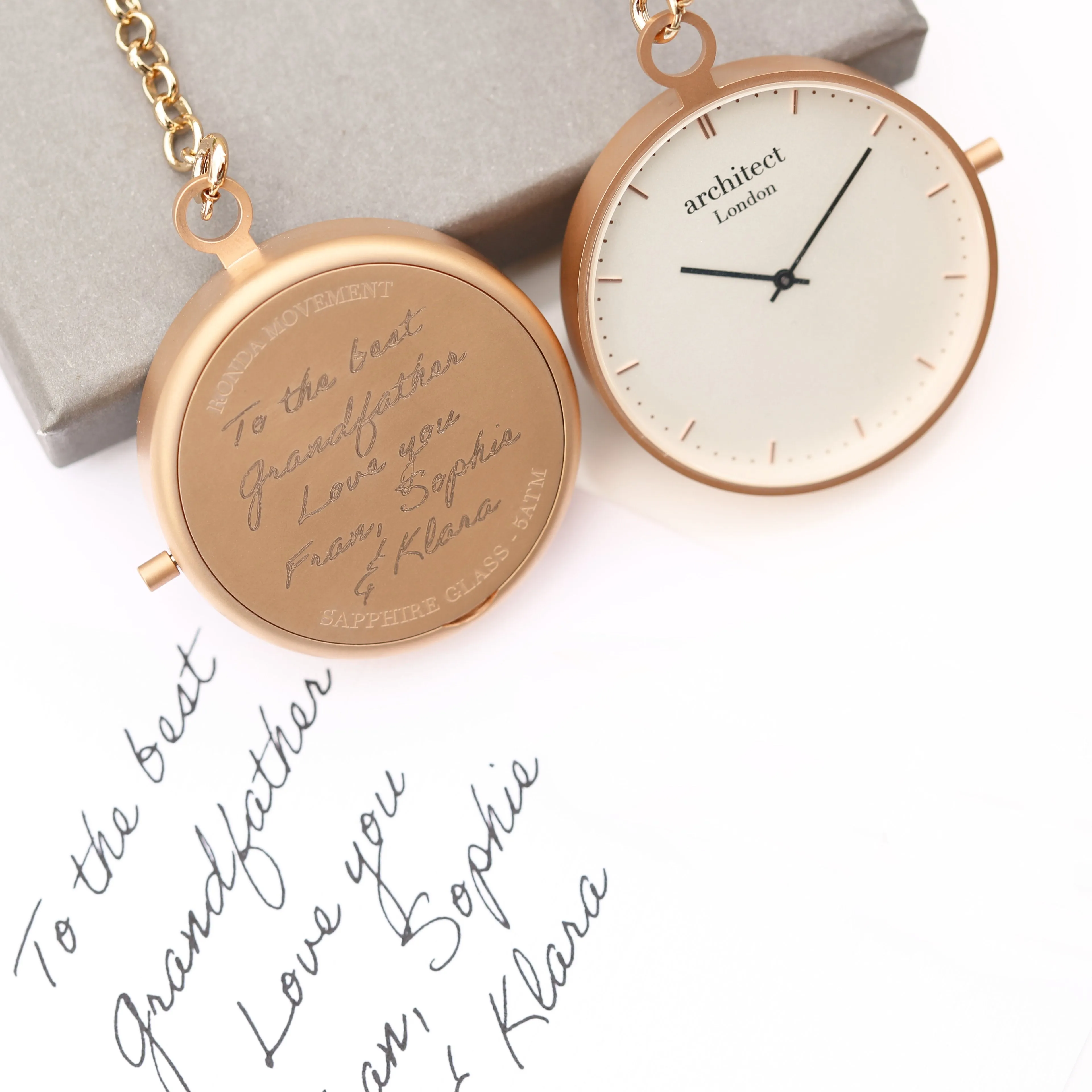 Personalised Modern Pocket Watch Rose Gold Handwriting Engraved