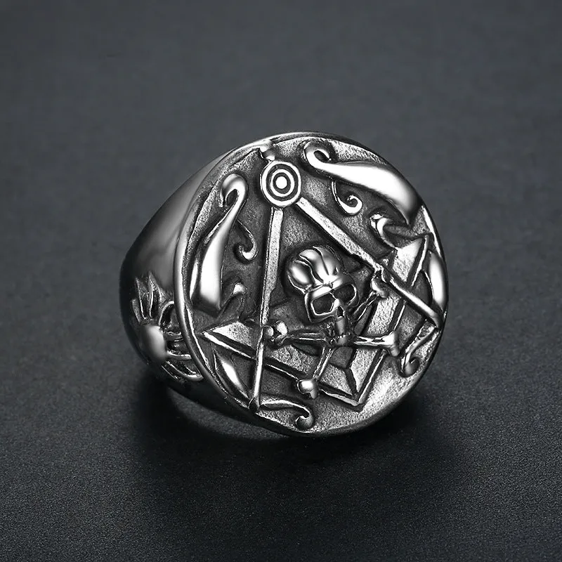 Personalized Retro Stainless Steel Round Masonic Skull Ring
