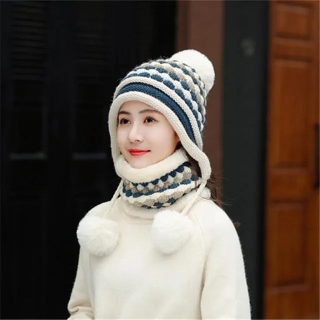 Plus Velvet Winter Knitted Hat Thick Pineapple Pattern Outdoor Knitted Woolen Warm Winter Cap