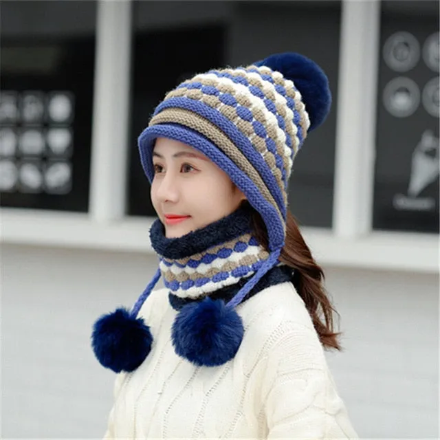 Plus Velvet Winter Knitted Hat Thick Pineapple Pattern Outdoor Knitted Woolen Warm Winter Cap