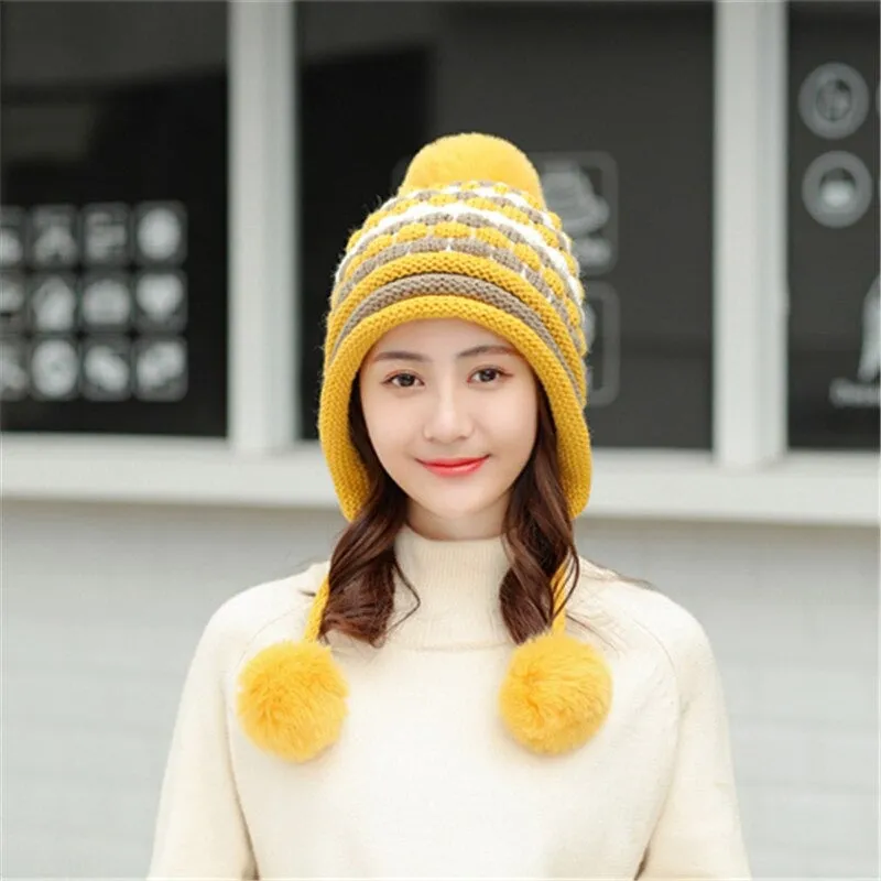 Plus Velvet Winter Knitted Hat Thick Pineapple Pattern Outdoor Knitted Woolen Warm Winter Cap