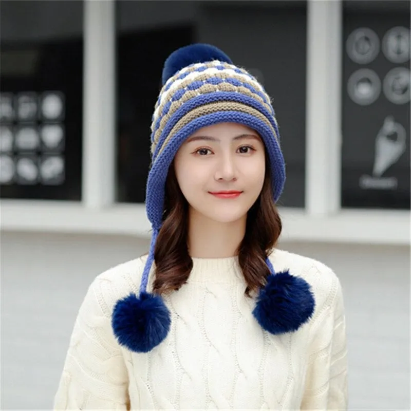 Plus Velvet Winter Knitted Hat Thick Pineapple Pattern Outdoor Knitted Woolen Warm Winter Cap