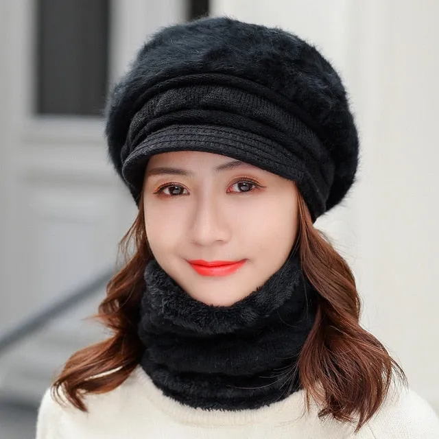 Rabbit Fur Thick Triangle Design Outdoor Knitted Woolen Warm Winter Cap