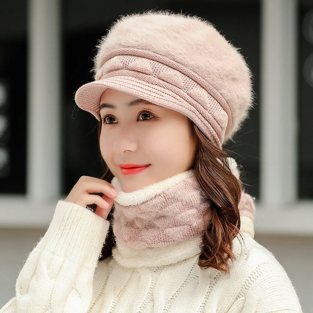 Rabbit Fur Thick Triangle Design Outdoor Knitted Woolen Warm Winter Cap