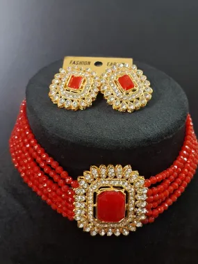 Red Colour Choker Necklace with Earring