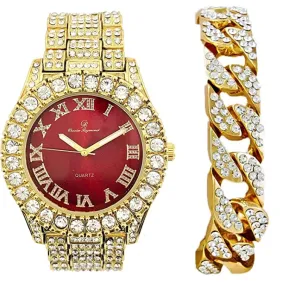 Red Face Watch Gold Color Simulated Diamond Watch Set Cuban Link Bracelet Hip Hop Blue Watch Bling Jewelry Gift Bundle