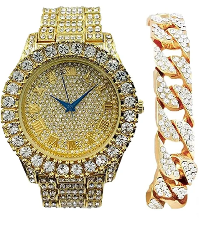 Red Face Watch Gold Color Simulated Diamond Watch Set Cuban Link Bracelet Hip Hop Blue Watch Bling Jewelry Gift Bundle
