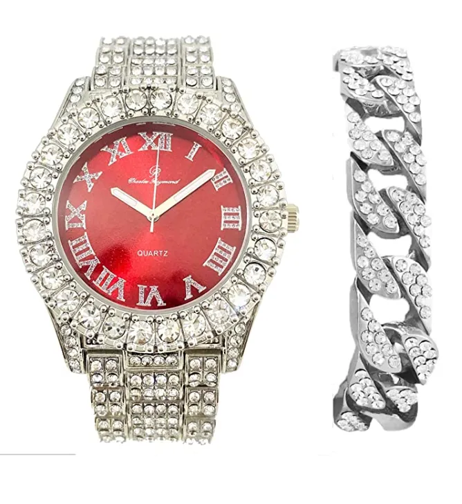 Red Face Watch Gold Color Simulated Diamond Watch Set Cuban Link Bracelet Hip Hop Blue Watch Bling Jewelry Gift Bundle