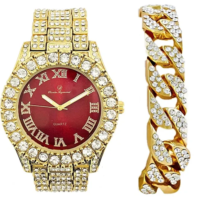 Red Face Watch Gold Color Simulated Diamond Watch Set Cuban Link Bracelet Hip Hop Blue Watch Bling Jewelry Gift Bundle
