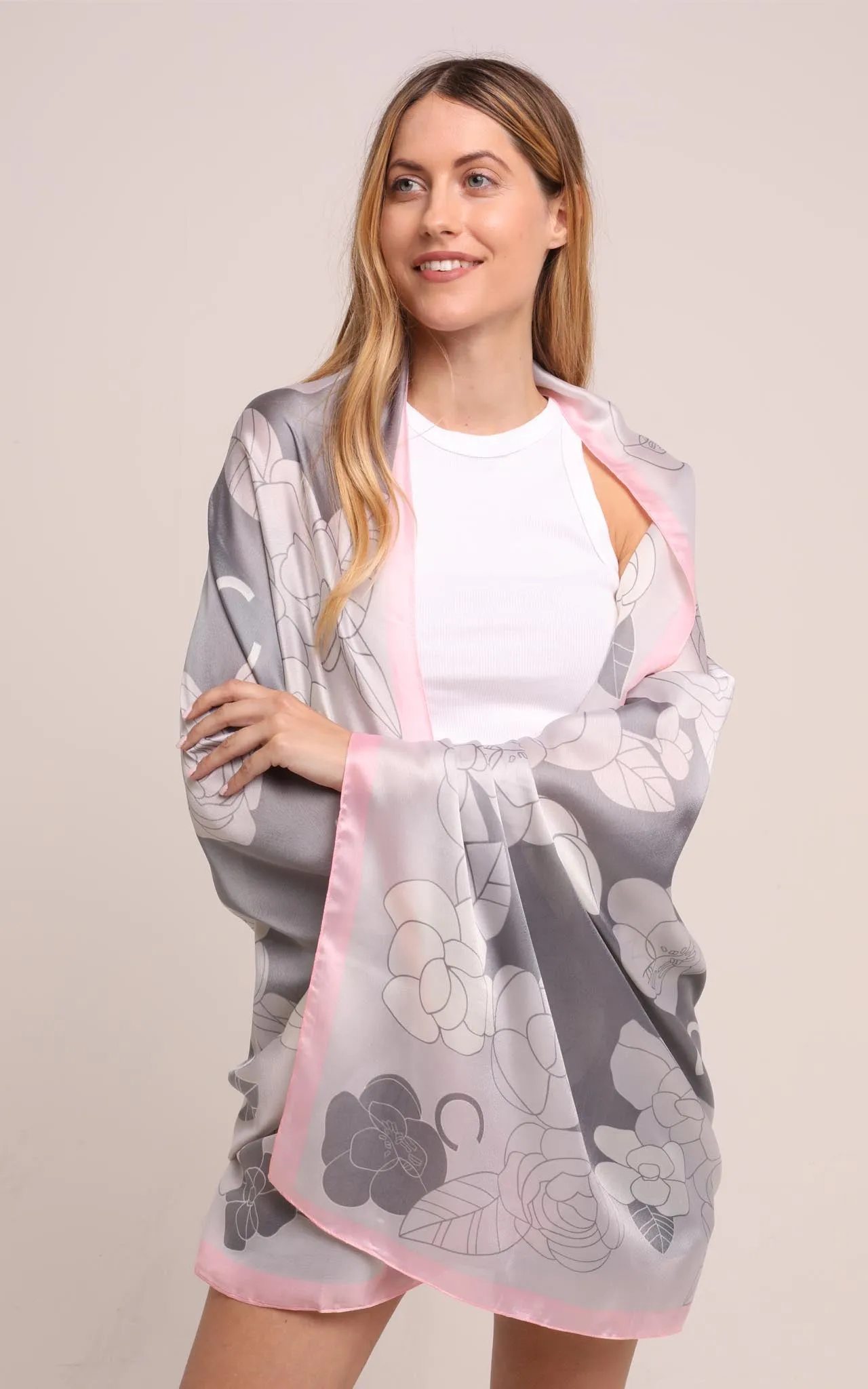 Silk Scarf in Grey and Pink Floral Print