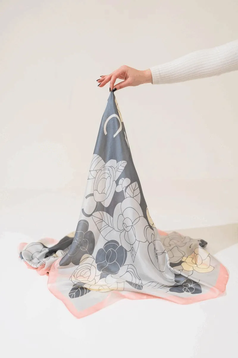 Silk Scarf in Grey and Pink Floral Print