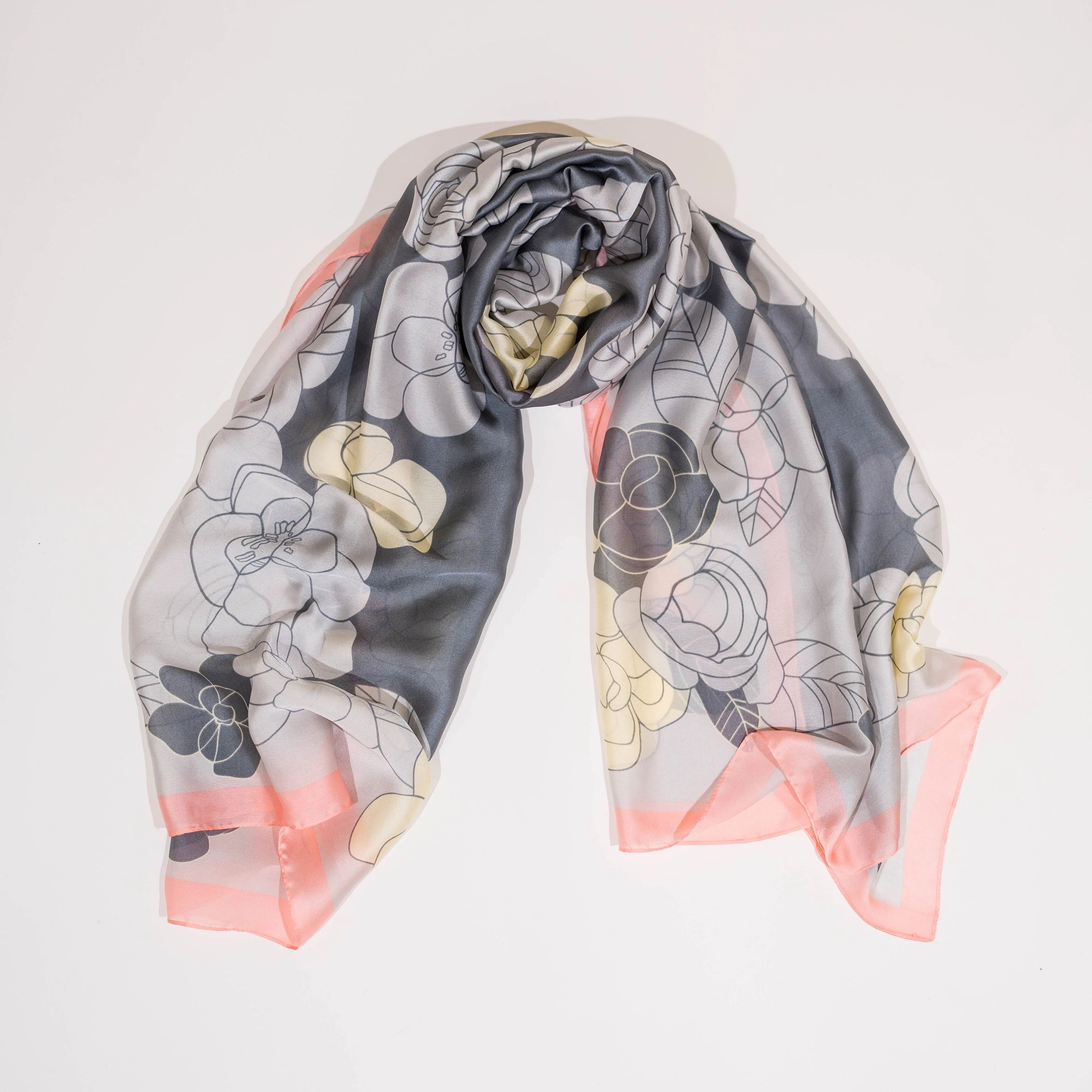 Silk Scarf in Grey and Pink Floral Print