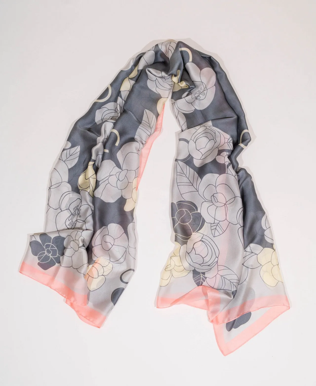 Silk Scarf in Grey and Pink Floral Print