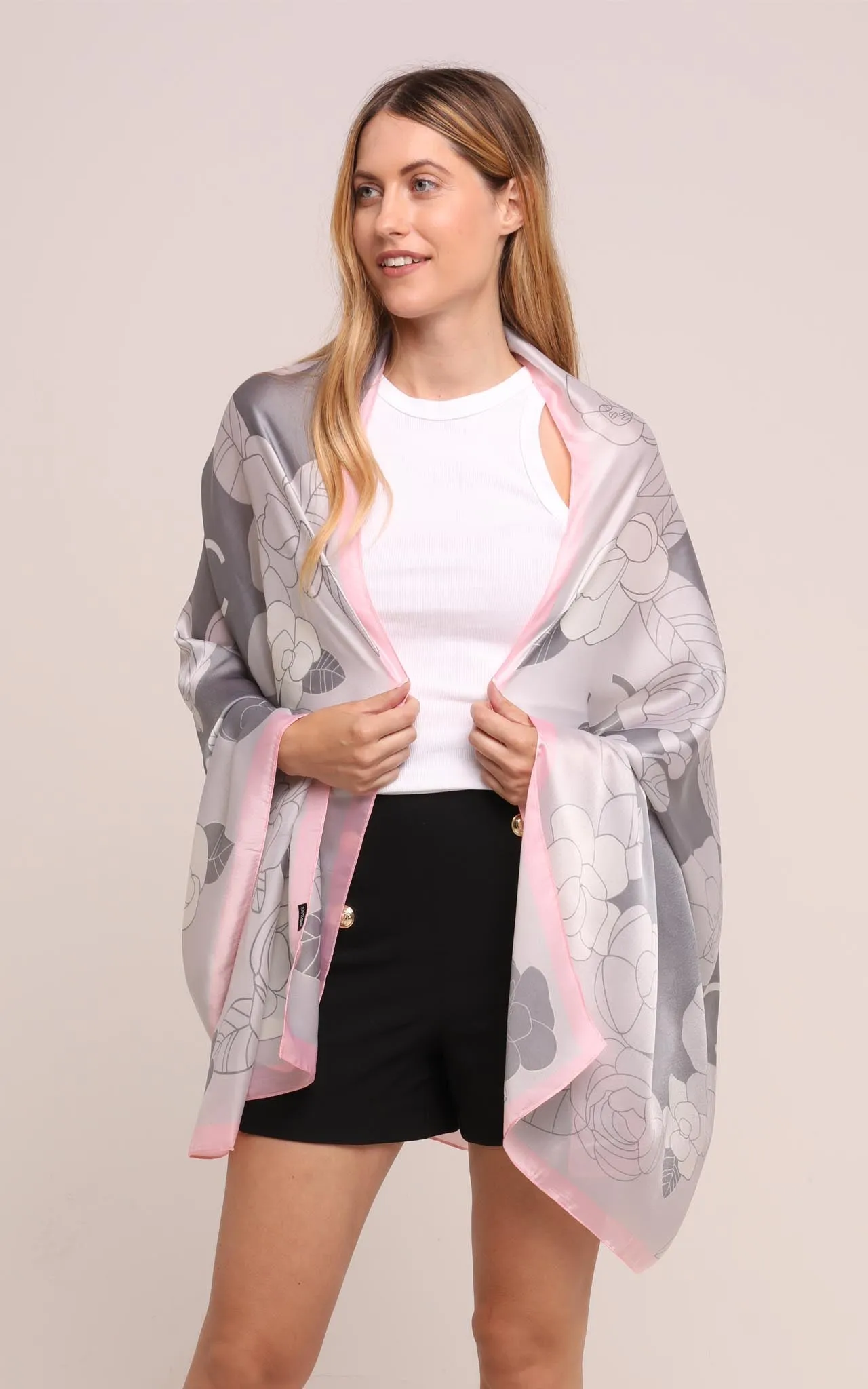 Silk Scarf in Grey and Pink Floral Print