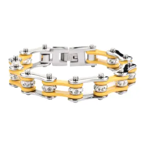 SK1194 1/2" Wide Two Tone Silver Yellow With White Crystal Centers Stainless Steel Motorcycle Bike Chain Bracelet