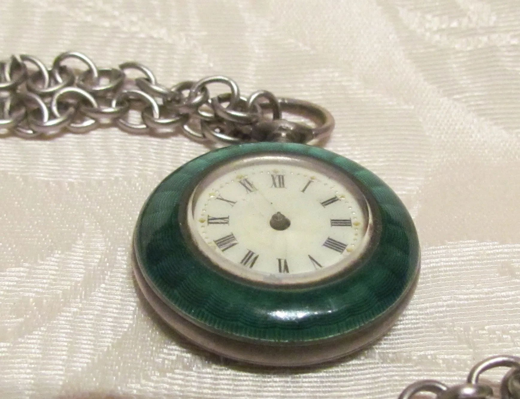 Steampunk Green Guilloche Watch Fob Art Deco Pendant Necklace Non Working Watch