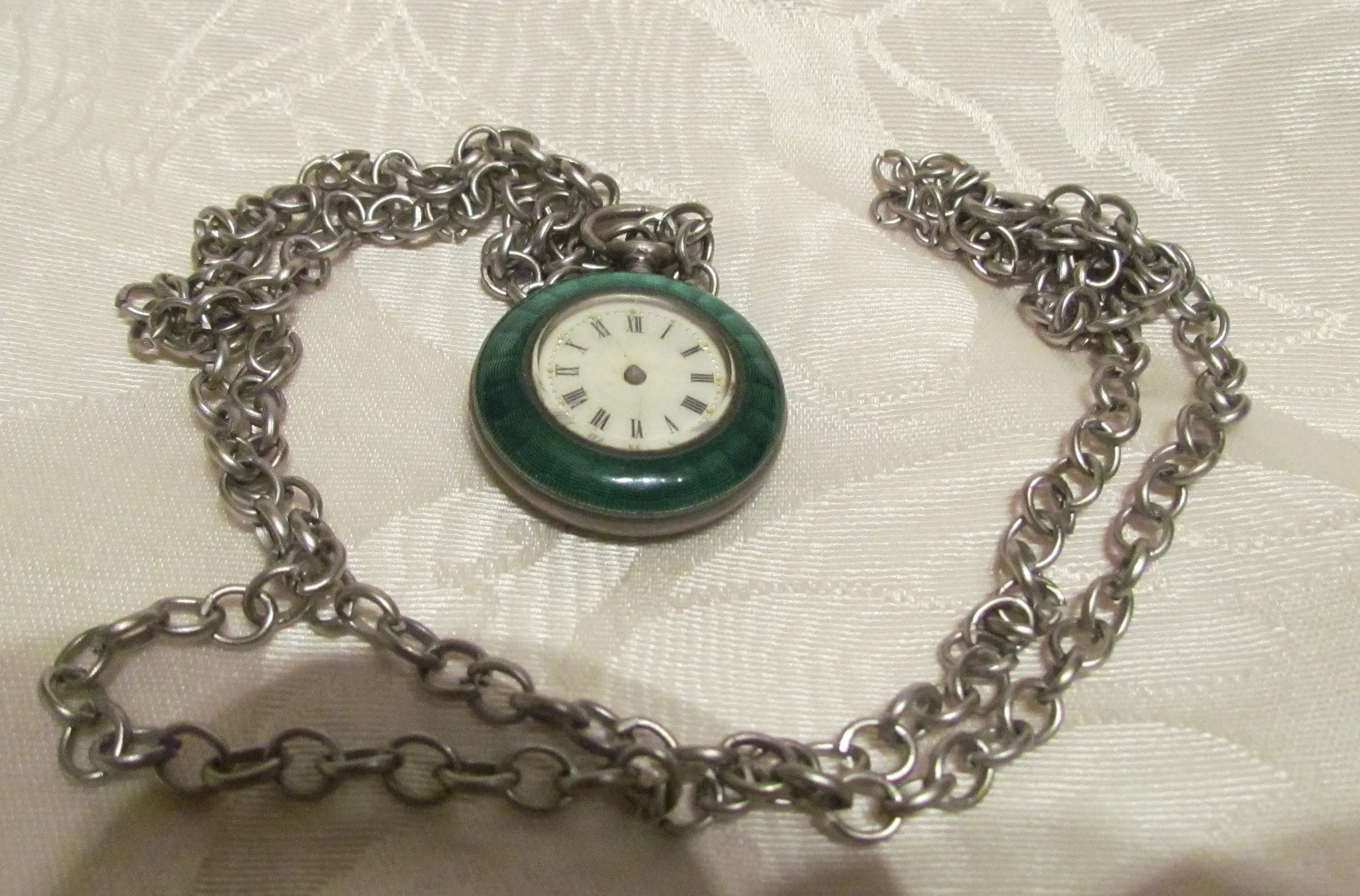 Steampunk Green Guilloche Watch Fob Art Deco Pendant Necklace Non Working Watch